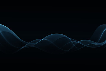 Shiny transparent blue wave on black background, wave design element.