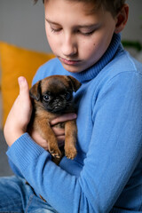 Boy playing with baby dog. Kid play with puppy at home. Little boy and griffon or brabanson dog on sofa. Children and pets at home. Kid sitting on the floor with pet. Animal care.