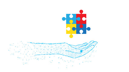  Puzzle. Autism awareness symbol in polygonal hand.