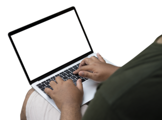 Man typing in blank screen laptop