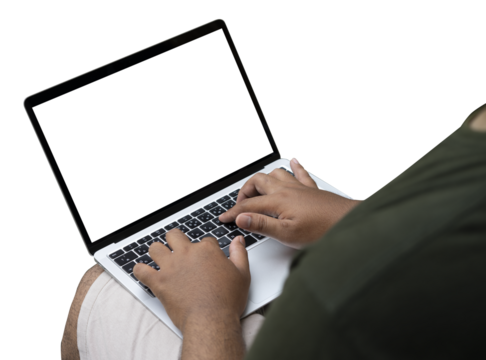 Man typing in blank screen laptop