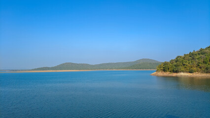Fototapeta na wymiar Lake with clear blue sky and green forest background, summer scene