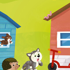 cartoon farm ranch animals houses illustration