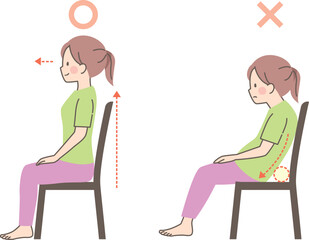 椅子に座る女性の良い姿勢と悪い姿勢の比較 - obrazy, fototapety, plakaty