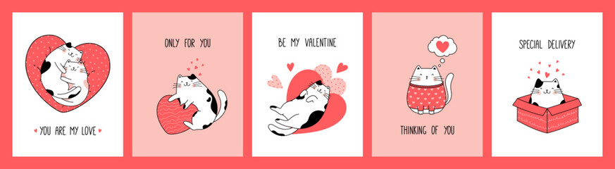 Hand drawn collection greeting cards and posters with cute cats for Valentine's Day and Love