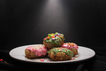 Banana nuggets with various toppings. 