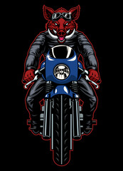 Wild Boar Biker Mascot Riding Cafe Racer Motorcycle Front View Angle