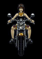 Fototapeta premium Woman Biker Riding the Old Motorcycle in front View Angle