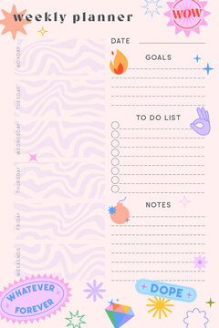 Vector weekly planner template with y2k patches,icons and emblems.Organizer and schedule with place for notes,goals and to do list.Trendy layout in 90s groovy aesthetic.Abstract modern design.