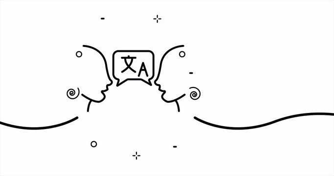 People speaking different languages. Bilingual, vocabulary, dictionary, foreign language, hieroglyph, speech bubble. One line drawing animation. Motion design. Animated technology logo. Video 4K.
