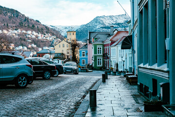 Bergen Traditional Scandinavian Architecture. Decorated Residential Houses in the Old Part of Bergen. Vestland, Norway. UNESCO World Heritage Site.