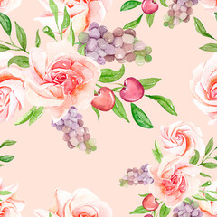Watercolor botanical floral seamless pattern, roses with green leaves, foliage, pink rose with grape and cherry, berries