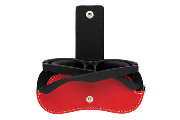 Red leather sunglasses case on a white background.