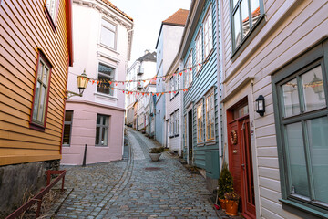 Fototapeta na wymiar Bergen Traditional Scandinavian Architecture. Decorated Residential Houses in the Old Part of Bergen. Vestland, Norway. UNESCO World Heritage Site.