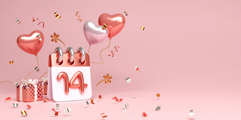 Happy Valentines day background with calendar date 14 February, Rose gold luxury, gift box, glitter, heart shape balloon, copy space text, 3D rendering illustration