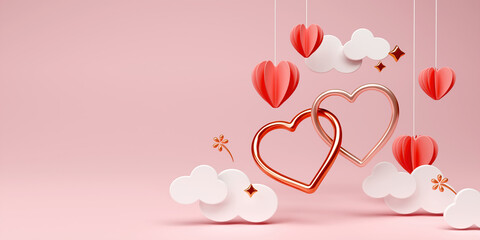 Happy Valentine's day poster with copy space. Beautiful paper cut white clouds with luxury couple bangle heart on pink background. 3D rendering illustration
