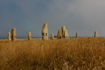 The field is golden wheat, a contrasting image with a blue sky and fog. Menhires La Coruna, Espana
