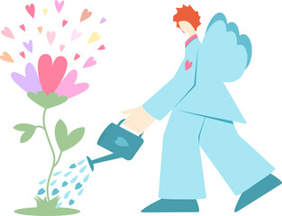 Modern Cupid watering the heart tree Flower scatters hearts Flat illustration © Nonna