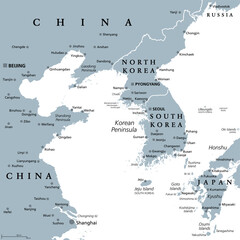 Korean Peninsula region, gray political map. Peninsular region Korea in East Asia, divided between North and South Korea, bordered by China and Russia, and separated from Japan by the Korea Strait. - obrazy, fototapety, plakaty