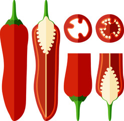 Set with whole, half, quarter, slices of Aleppo peppers. Halaby peppers. Halabe peppers. Capsicum annuum. Chili pepper. Vegetables. Flat style. Vector illustration isolated on white background.