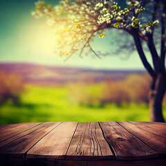 Naklejka na ściany i meble Empty wood table with soft spring landscape in background, generative ai