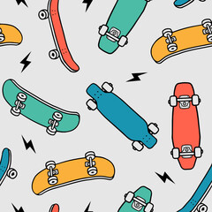Hand-drawn skateboarding seamless pattern. Skate background texture. Skateboarding doodle illustration. Vector seamless repeat pattern. - obrazy, fototapety, plakaty