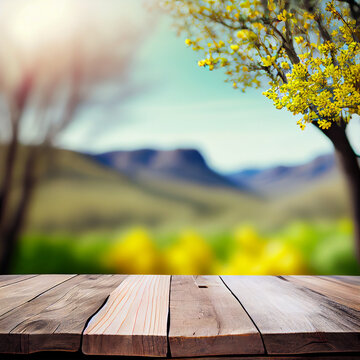 Empty wood table with soft spring landscape in background, generative ai