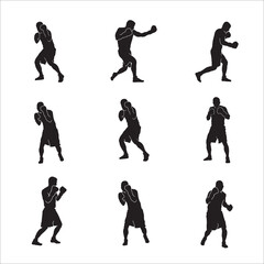Silhouette of male boxing player set in isolate on a white background. Vector illustration.