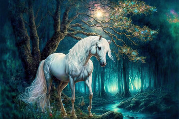 Naklejka na ściany i meble Magic white horse in fairy forest. Spirit of the forest. Digital art 