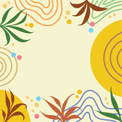 Fun and colorful botanical leaves with geometric lines and circles decoration on trendy light cream and yellow background. Simple full colored square wallpaper for social media post or paper print.