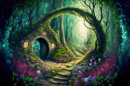 Fantasy fairy tale background. Fantasy enchanted forest with magical luminous plants, built ancient mighty trees covered with moss, with beautiful houses,  butterflies and fireflies fly in the air.