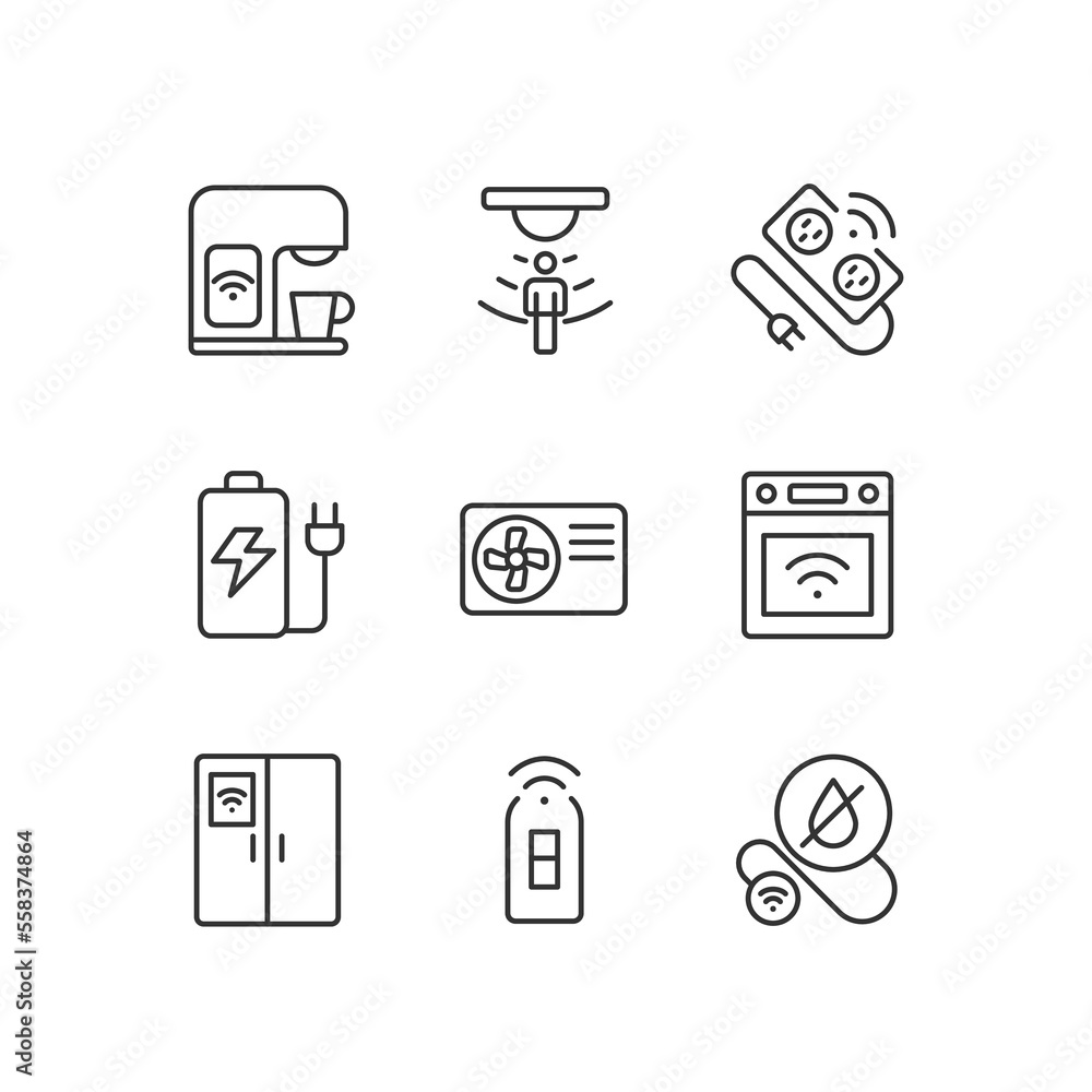 Poster smart appliances for home pixel perfect linear icons set. automated devices. internet of things. cus