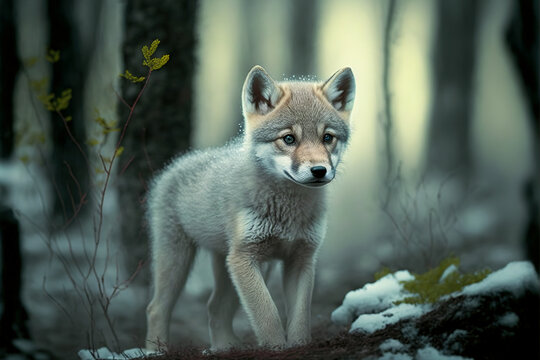 Gray wolf cub in winter forest. Making eye contact. Snowy landscape. Digital artwork	
