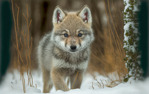 Gray wolf cub in winter forest. Making eye contact. Snowy landscape. Digital artwork	
