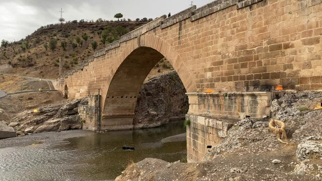 Adiyaman, Turkey, 08 October 2022, Cendere Bridge is also known as Roman Bridge or Septimius Severus Bridge. It is located on the Ancient Cabinas (Cendere) Stream. Cendere K&ouml;pr&uuml;s&uuml;