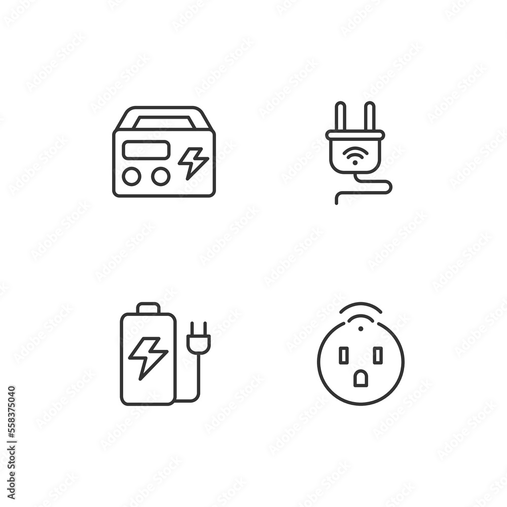 Poster electric devices pixel perfect linear icons set. smart socket and plug. portable generator and batte