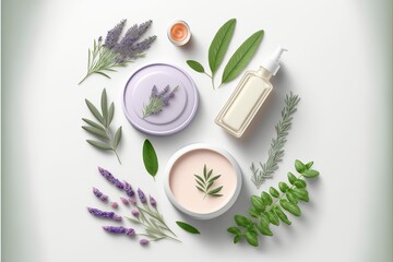 Obraz na płótnie Canvas Organic beauty cosmetics frame, web banner, Skin cream, moisturizer and shampoo bottle, ai generated
