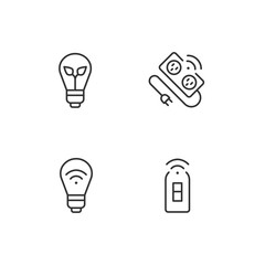 Home lighting pixel perfect linear icons set. Smart and energy efficient bulb. Innovative power strip. Customizable thin line symbols. Isolated vector outline illustrations. Editable stroke