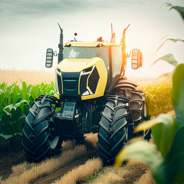 Autonomous Unmanned Tractor With Plow Working On The Field. Smart Farming.