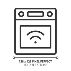 Smart stove pixel perfect linear icon. Kitchen appliance. Automatic features. Device for cooking meal. IoT. Thin line illustration. Contour symbol. Vector outline drawing. Editable stroke