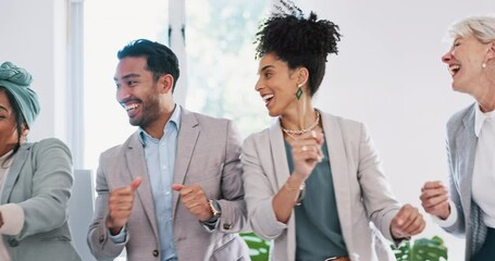 Happy, dance or employees in celebration of success, sales target or company goals in business office. Support, kpi or excited people dancing to celebrate team growth or winning bonus achievement