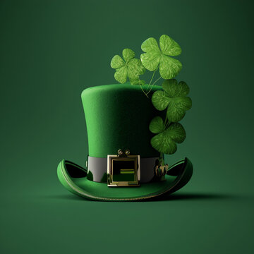 Green top hat 4 leaf clover bright background St Patricks Day theme