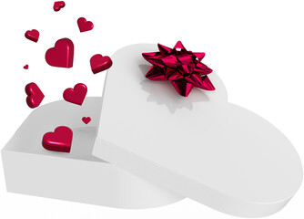 White gift box with red magenta bow and flying out hearts in 3d.