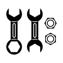 Set black steel wrench with nut bolt hexagon maintenance tools on white background logo icon flat vector design.