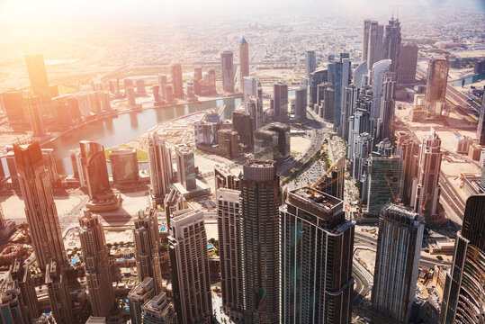 Dubai City Seen From Above, Panoramic View Of Modern Skyscrapers