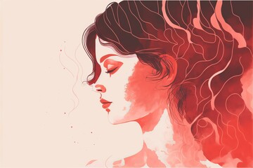 illustration of a woman, soft pink and red color, ai generated