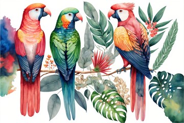 Watercolor illustration of Exotic Birds Tropical , ai generated