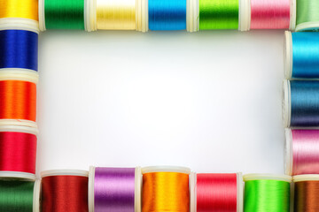Frame made of spools with color sewing threads on white background, top view. Free space for text.