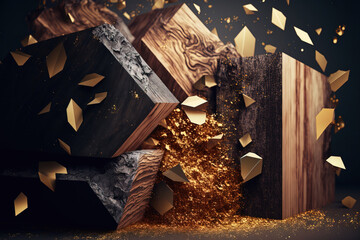 Wood is combined with precious stones, opal, gold, metal. Abstract background in brown and gold colors. Gen Art	