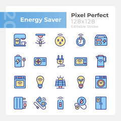 Energy saver pixel perfect RGB color icons set. Smart home appliances. Internet of things. Automated devices. Isolated vector illustrations. Simple filled line drawings collection. Editable stroke - obrazy, fototapety, plakaty